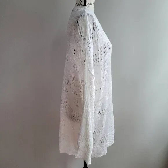 White open knit longer length cardigan open front boho minimalist beachy neutral - Picture 2 of 7
